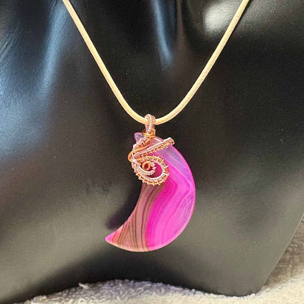 🌖Crescent Moon Wire wrapped pink agate pendant